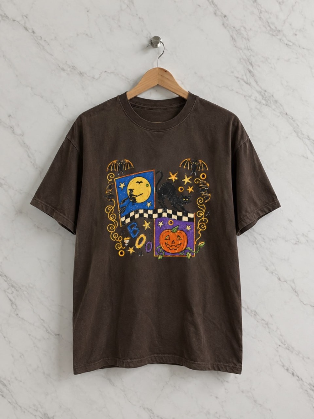Halloween Orange Pumpkin & Yellow Moon Gildan Brown Tee Graphic